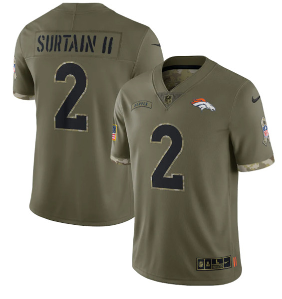 Men's Denver Broncos #2 Pat Surtain II 2022 Olive Salute To Service Limited Stitched Jersey - Click Image to Close